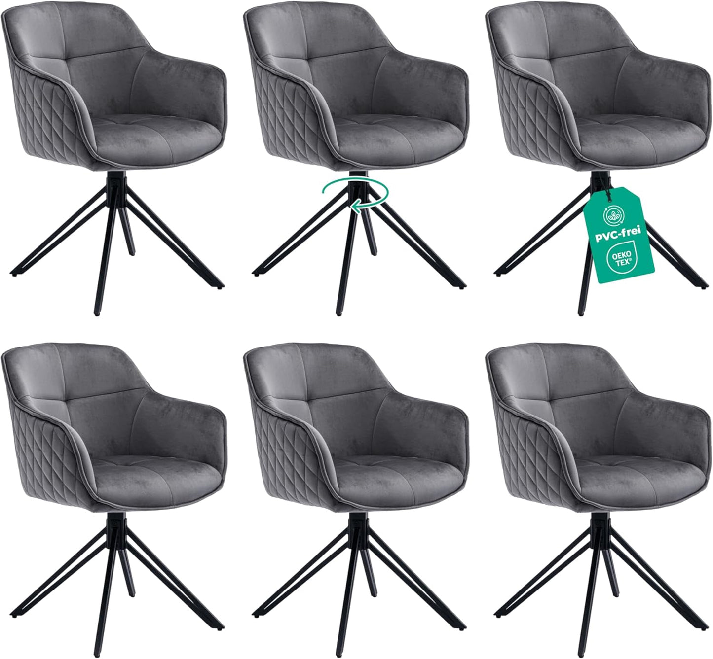 Esszimmerstuhl Dunkelgrau Samt 6er Set – 360° Drehbar - LINELE