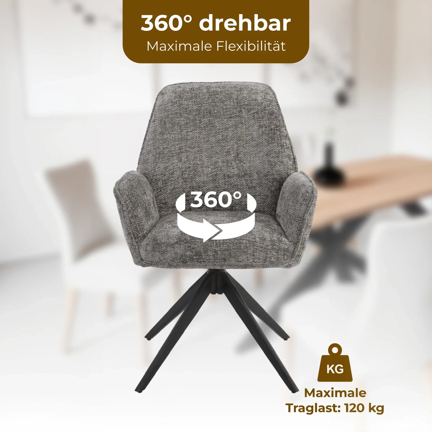 Esszimmerstuhl Dunkelgrau – 360° Drehbar mit Chenille-Stoff - LINELE