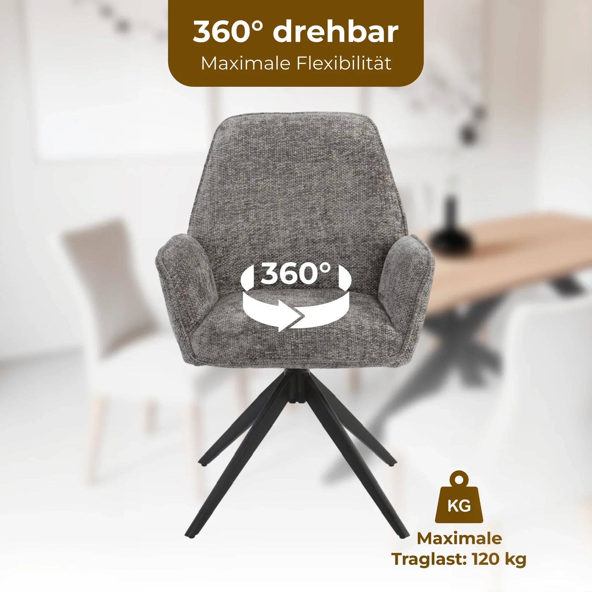 Esszimmerstuhl Dunkelgrau – 360° Drehbar mit Chenille-Stoff - LINELE