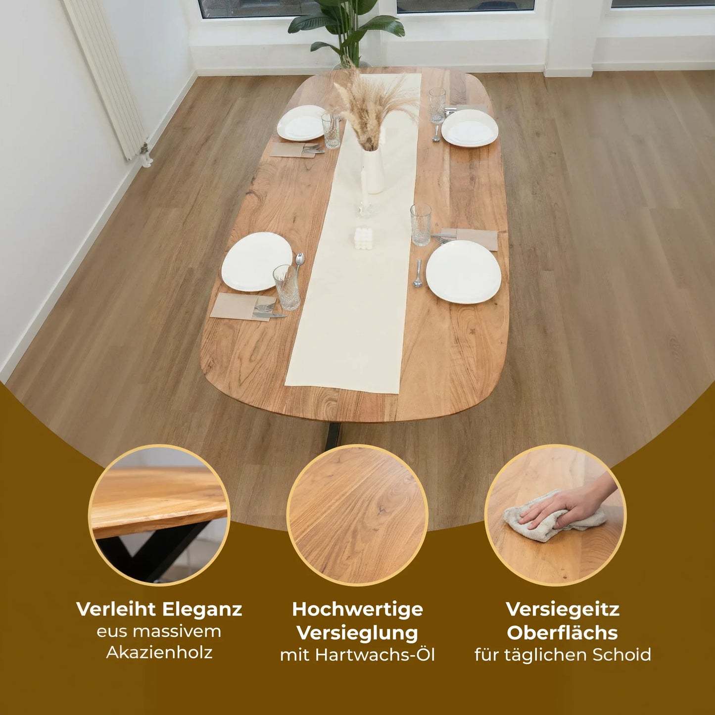Esszimmertisch Oval Akazienholz – Massivholz mit Spider-Gestell - LINELE
