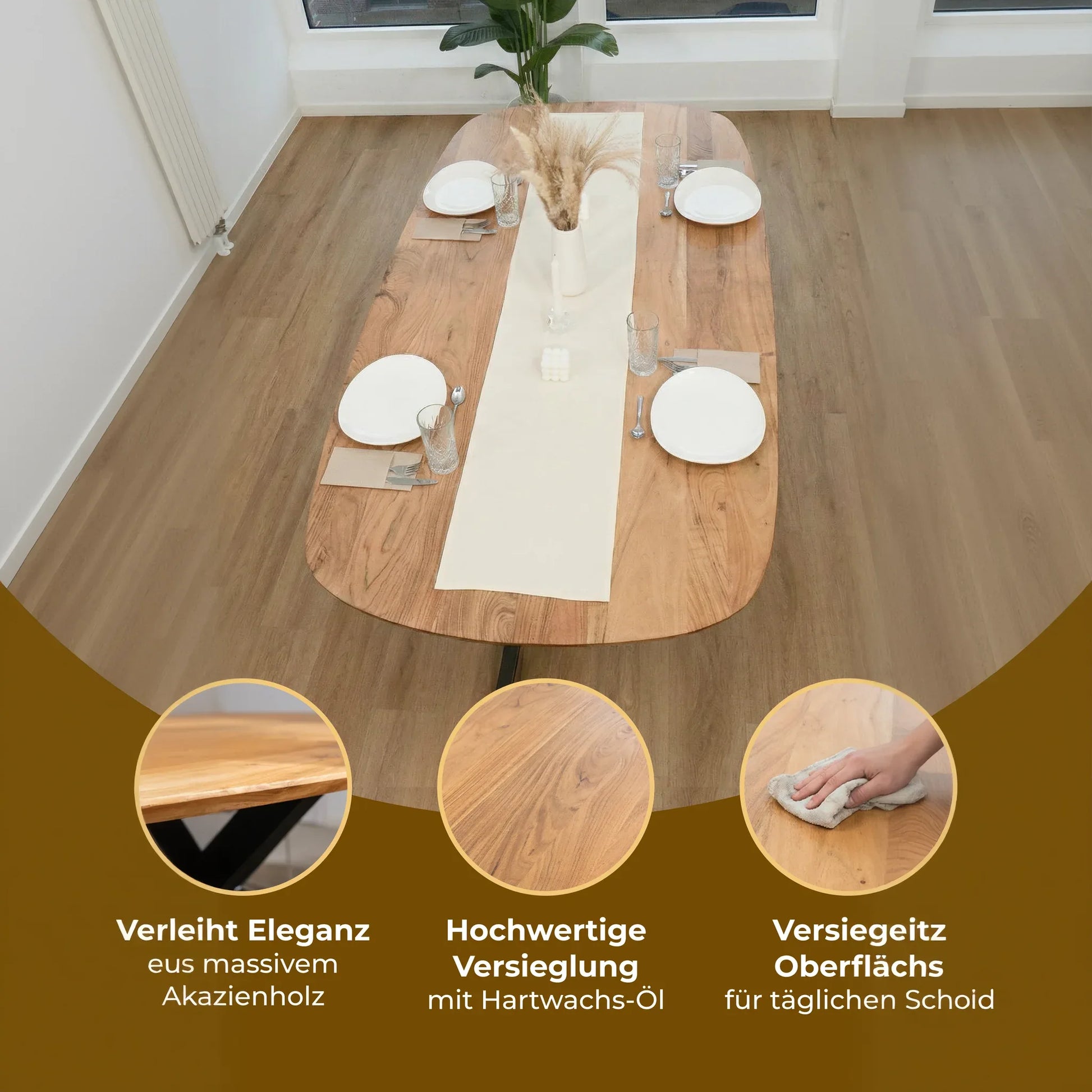 Esszimmertisch Oval Akazienholz – Massivholz mit Spider-Gestell - LINELE