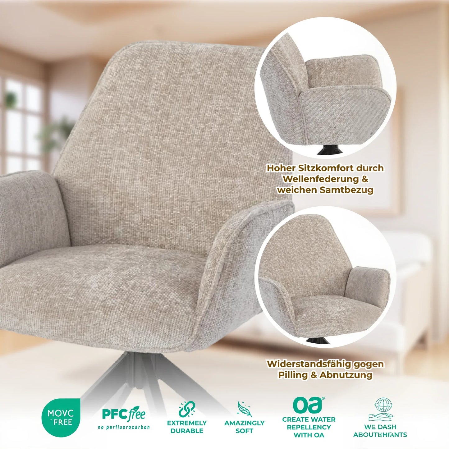 Esszimmerstuhl Beige – 360° Drehbar mit Chenille-Stoff - LINELE