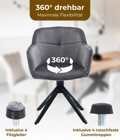 Esszimmerstuhl Dunkelgrau – 360° Drehbar mit Samt-Stoff - LINELE