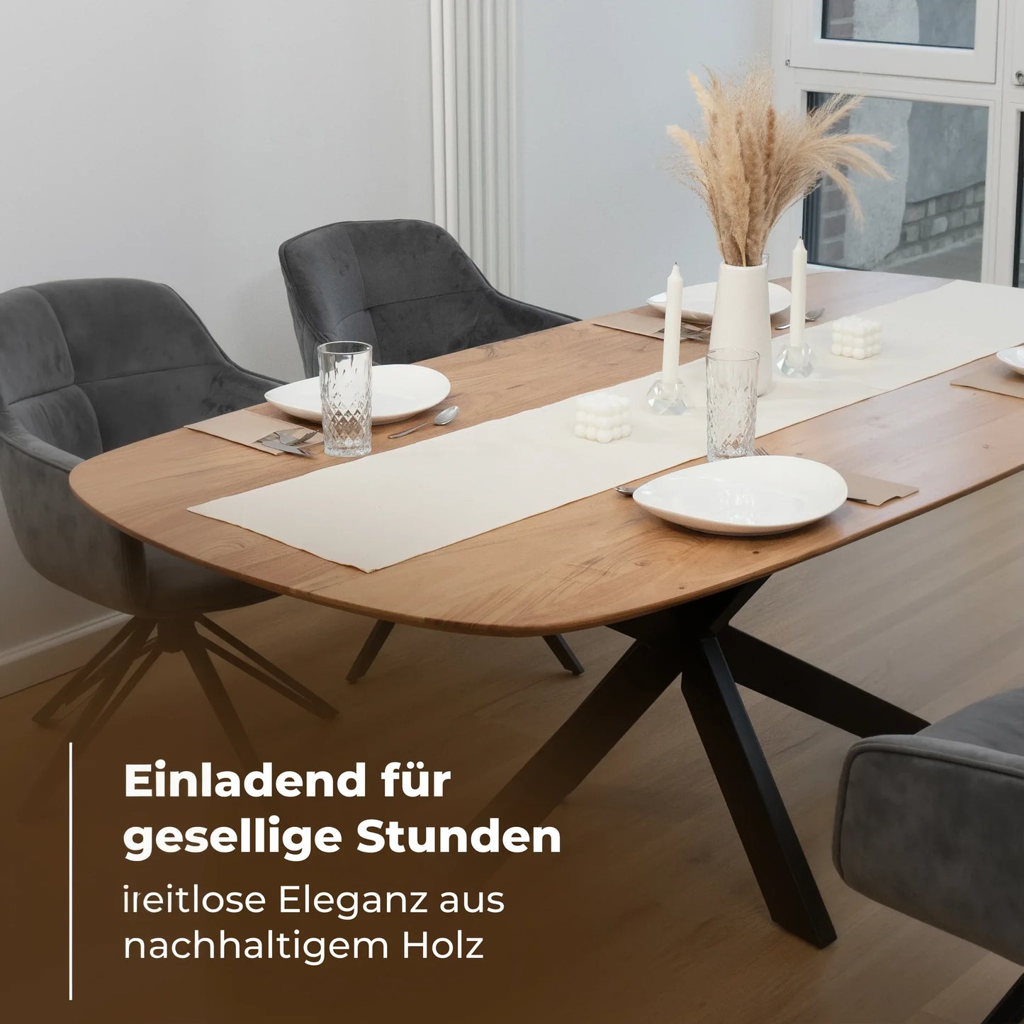 Esszimmertisch Oval Akazienholz – Massivholz mit Spider-Gestell - LINELE