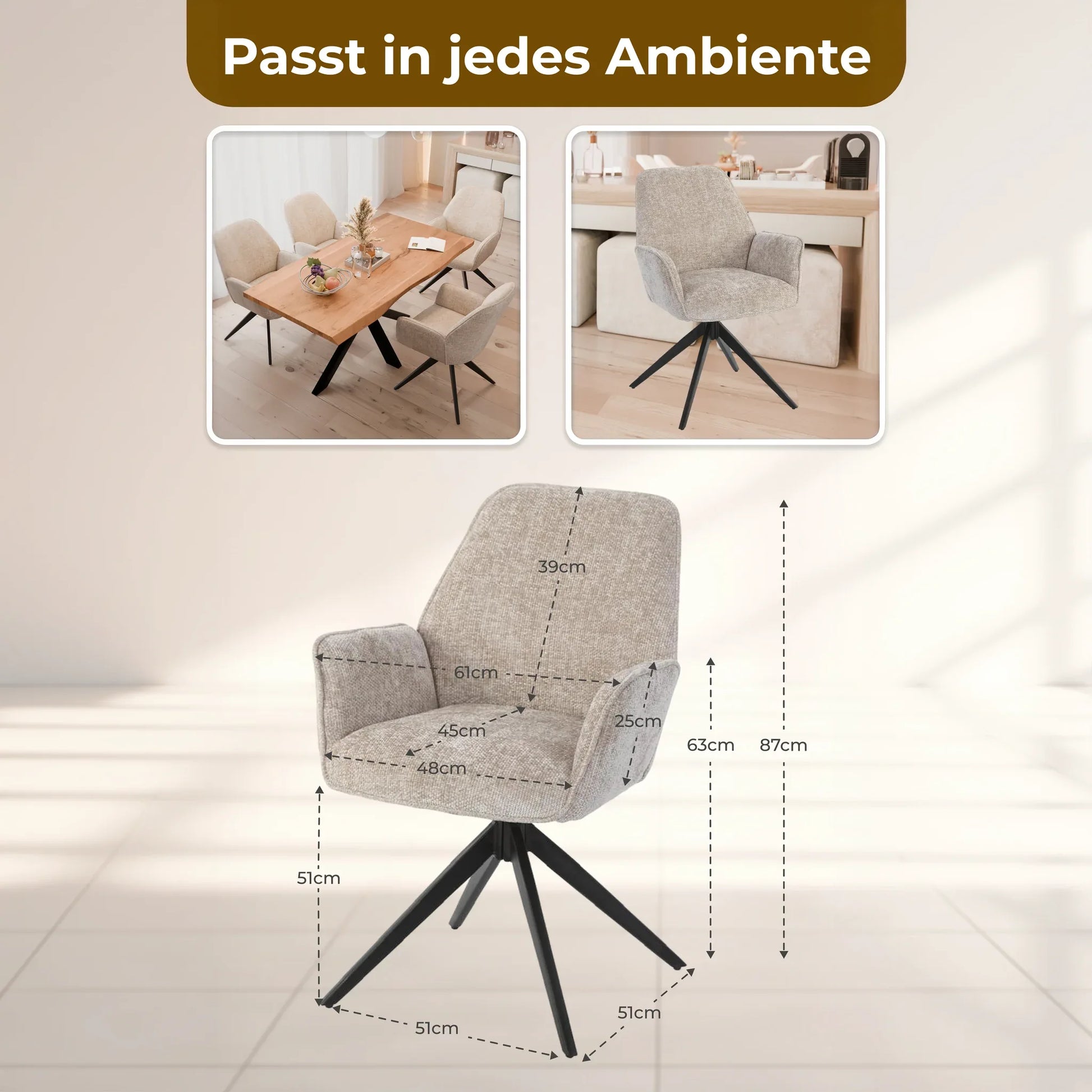 Esszimmerstuhl Beige – 360° Drehbar mit Chenille-Stoff - LINELE