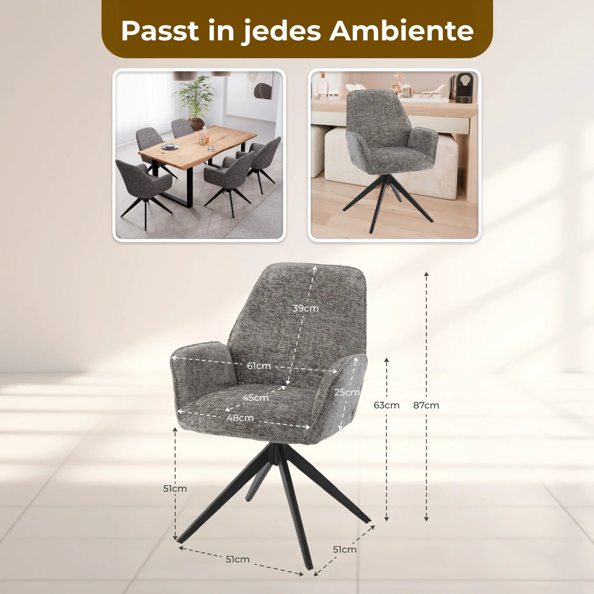 Esszimmerstuhl Dunkelgrau – 360° Drehbar mit Chenille-Stoff - LINELE