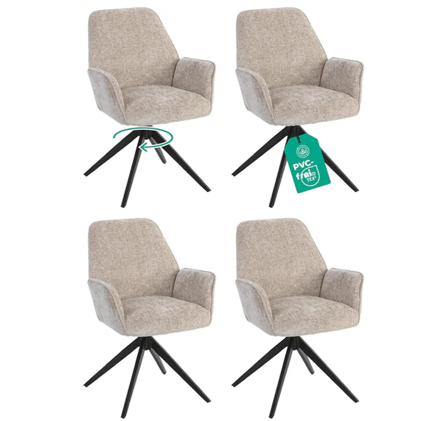 Esszimmerstuhl Beige 4er Set – 360° drehbar, Chenille Bezug, schwarze Metallbeine