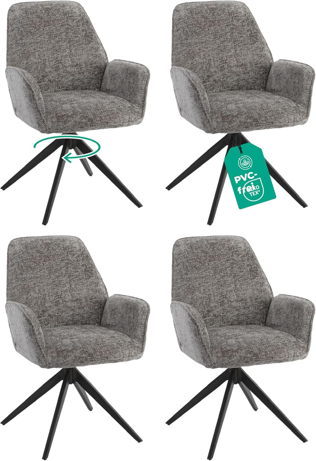 Esszimmerstuhl Dunkelgrau Chenille 4er Set – 360° Drehbar - LINELE