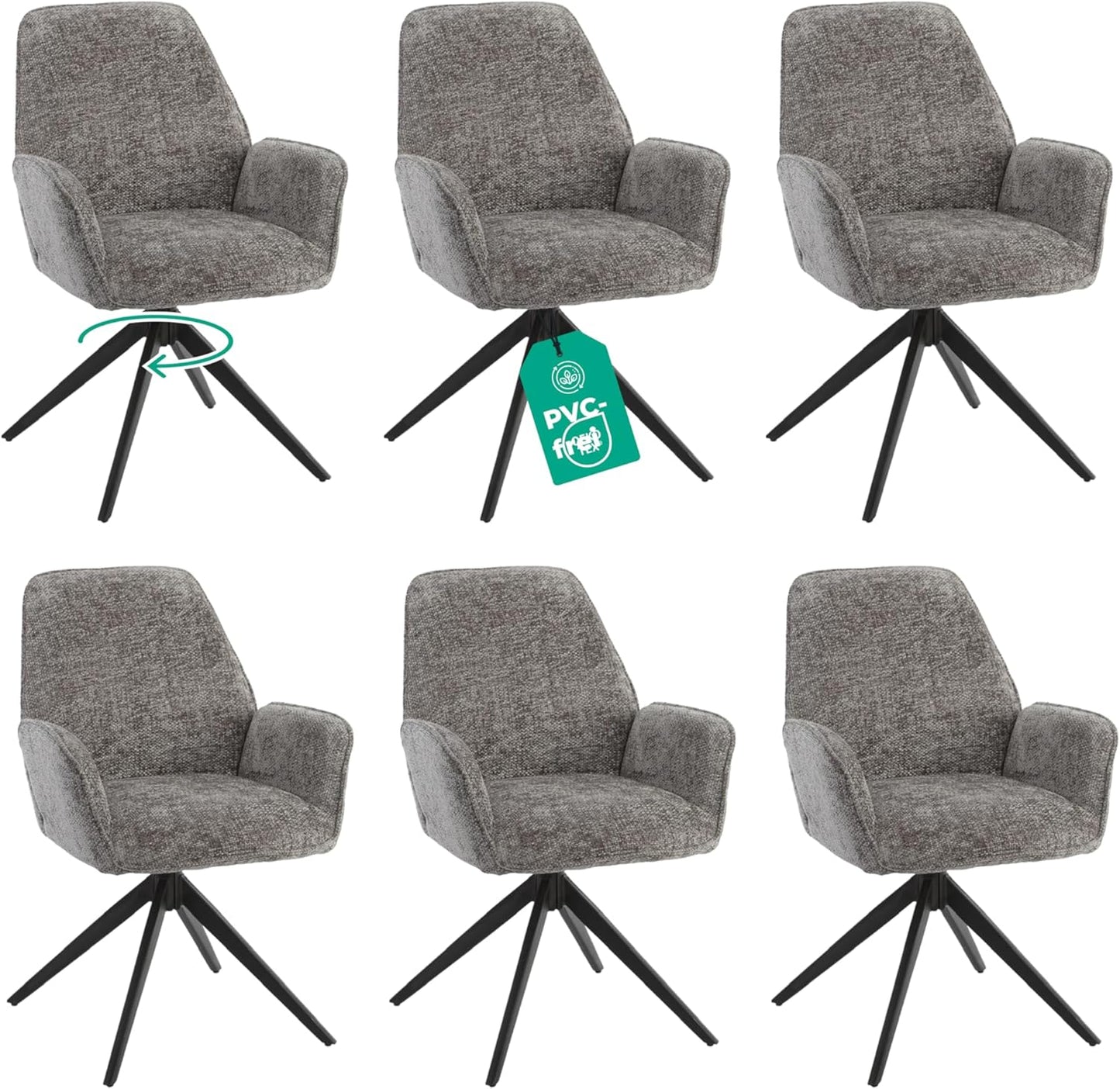 Esszimmerstuhl Dunkelgrau Chenille 6er Set – 360° Drehbar - LINELE