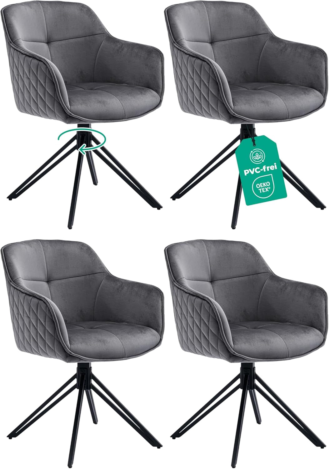 Esszimmerstuhl Dunkelgrau Samt 4er Set – 360° Drehbar - LINELE