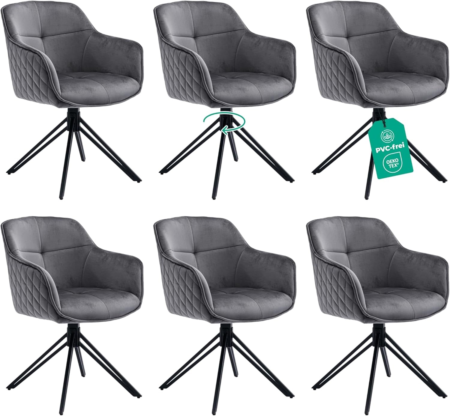 Esszimmerstuhl Dunkelgrau Samt 6er Set – 360° Drehbar - LINELE
